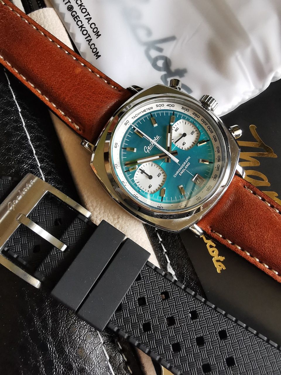 Zegarek Geckota Chronotimer Racing Chronograph Sunburst Aqua Dial