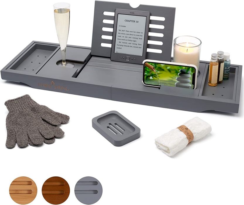 Temple Spring półka kąpielowa na wannę SPA bambusowa +dodatki szara