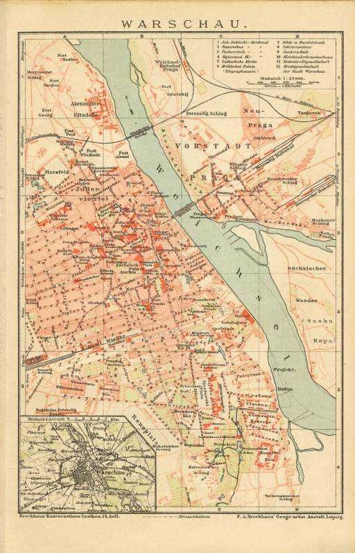 Warszawa - Warschau  stary, oryginalny XIX w. plan miasta