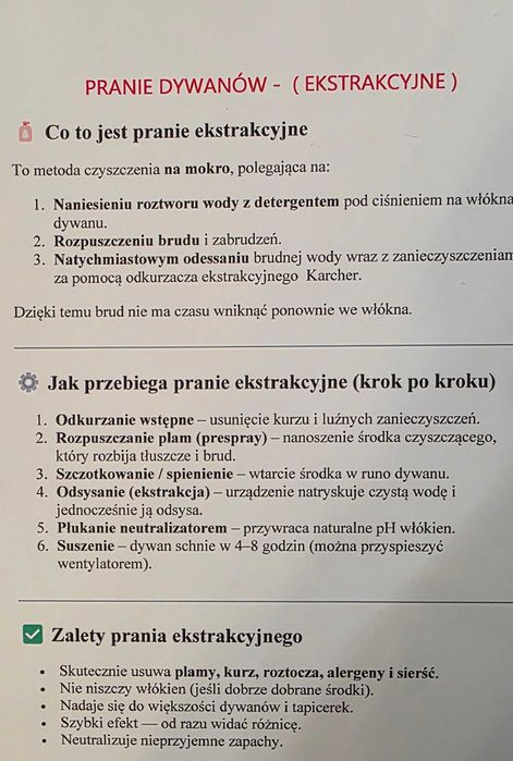 Pranie dywanów I tapicerki samochodowej (ekstrakcyjne), ozonowanie