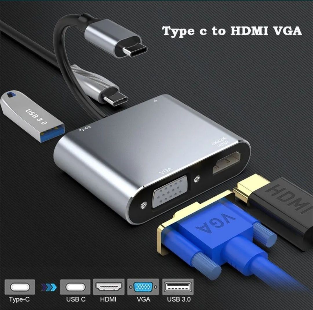 USB хаб Type-C PD, USB 3.0, HDMI, VGA