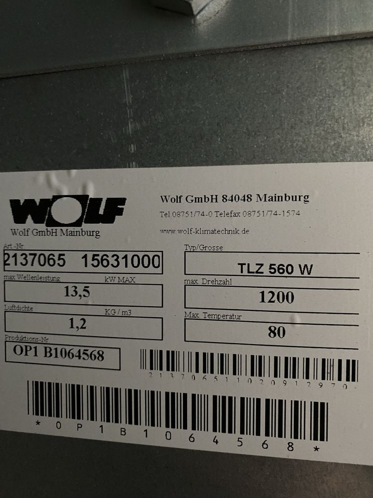 Wentylator przemysłowy Wolf 16000 m3/ h 208 kw