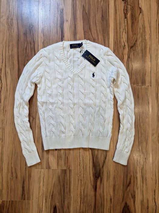 Nowy Sweter damski warkocz Ralph Lauren biały v-neck