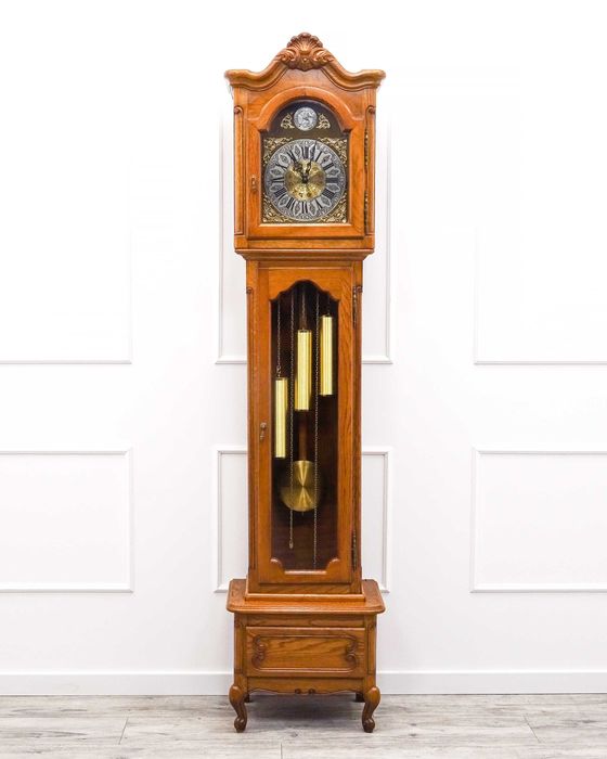 Dębowy ZEGAR stojący podłogowy Zegar Ludwik lata 60. wahadło odważniki