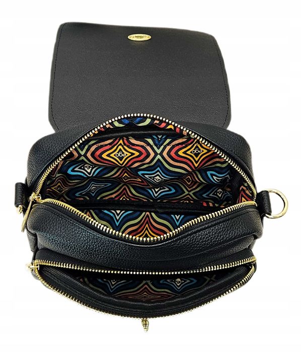 EGO Torebka Damska Listonoszka Na Ramię Czarna Zamsz Pszczółka 2 Paski