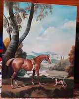 Obraz olejny - Koń i pies