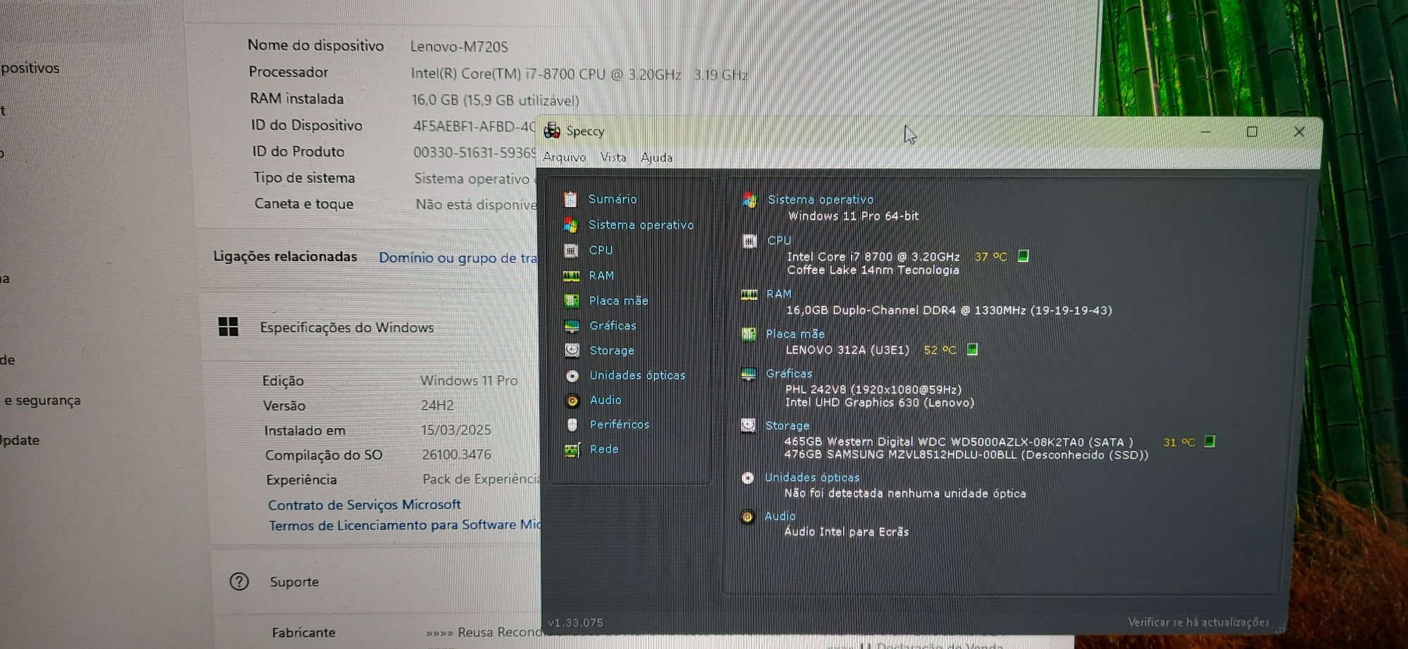 Pç Lenovo M720s 8ªG|I7.8700-4.6G|16G|NVMe512+HDD500|5G|BT|TPM2.0|W11