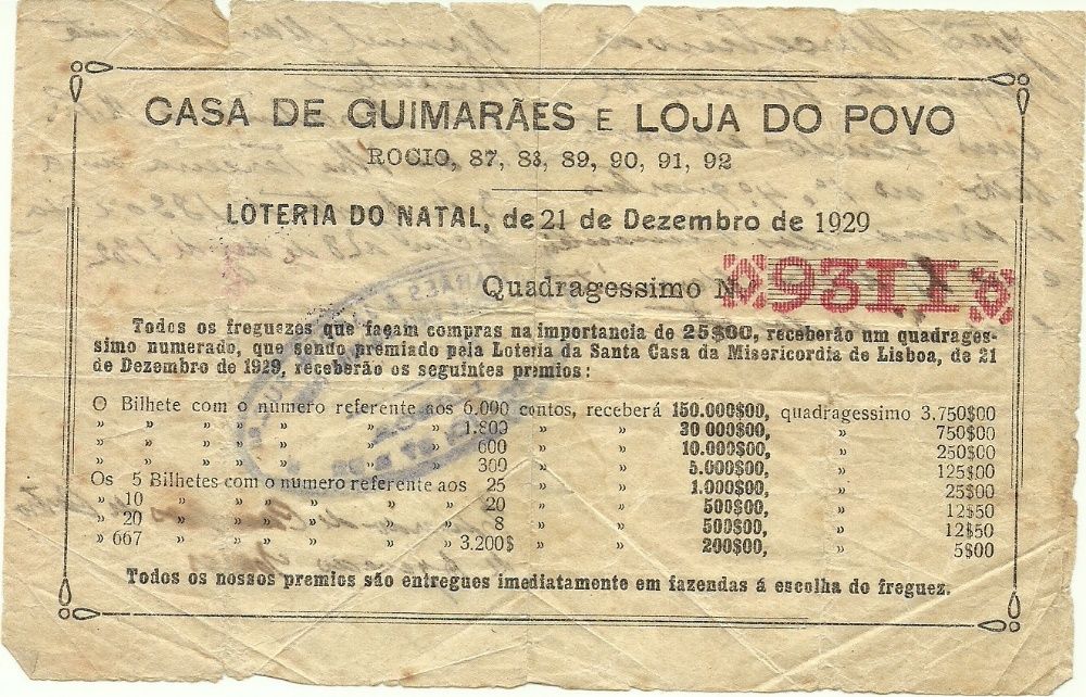 Bilhete de lotaria do Natal de 1929