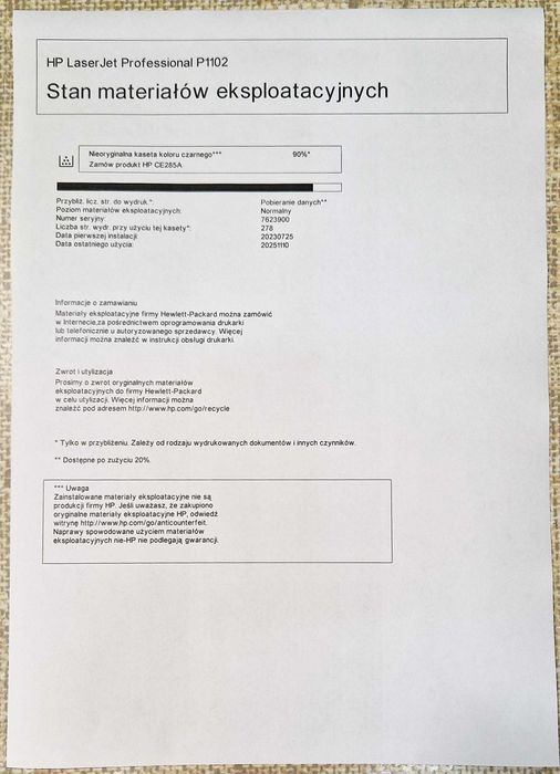 Drukarka laserowa HP P1102 + toner i nowe kable, 25 701 str
