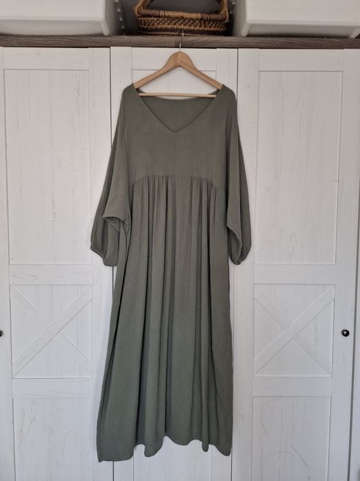 Długa muślinowa sukienka maxi leśna khaki oliwkowa luźna oversize