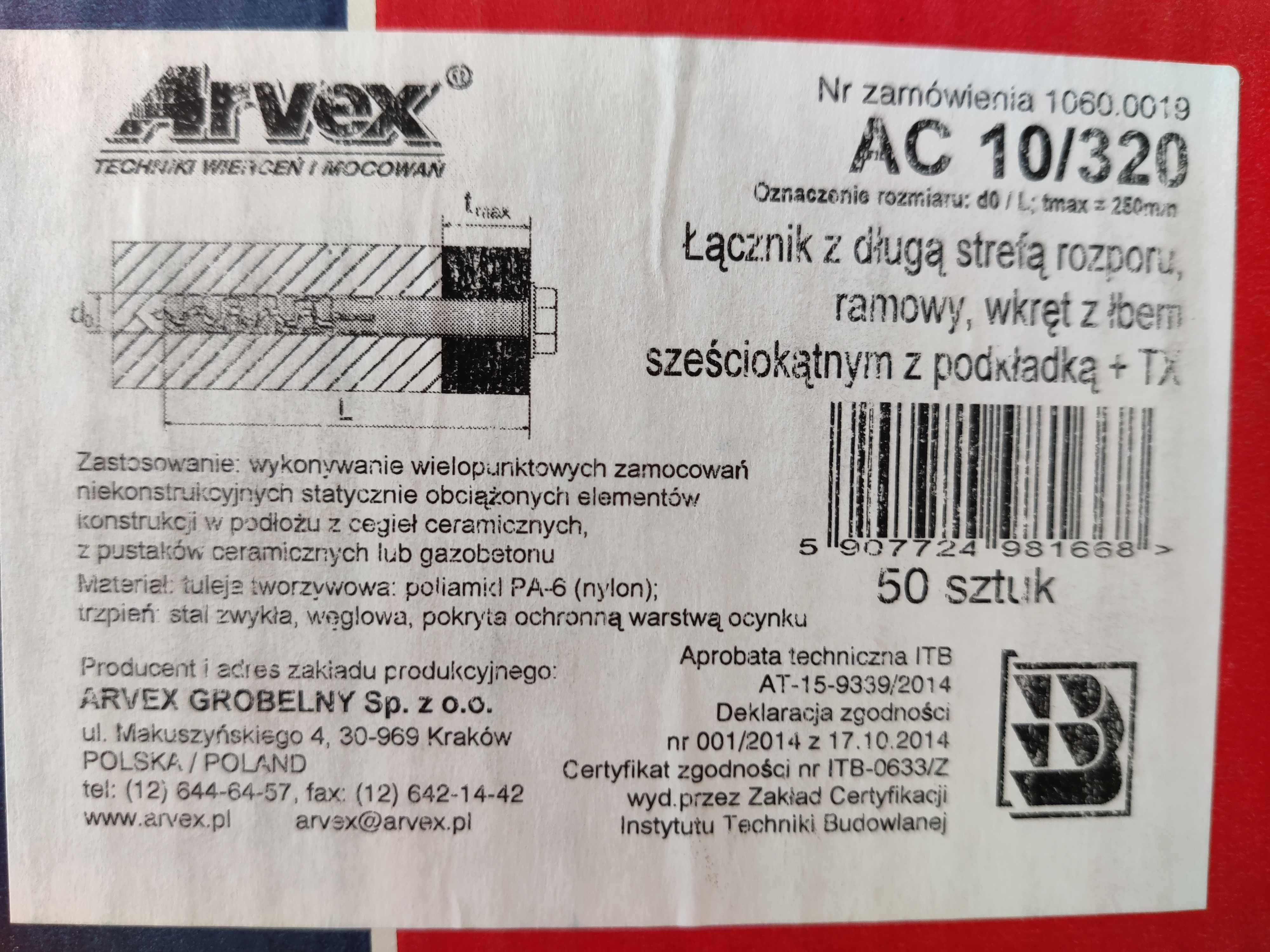 Dybel  Arvex AC 10/320 Kombi torx kołek rozporowy ramowo elewacyjny