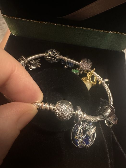 Nowa Srebrna bransoletka modulowa Pandora z charmsami