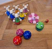 Zabawki drewniane Goki: kręgle, bączek i kastaniet żaba