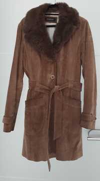 Ciepły skórzany czekoladowy płaszcz skóra futro na zimę 38 40
