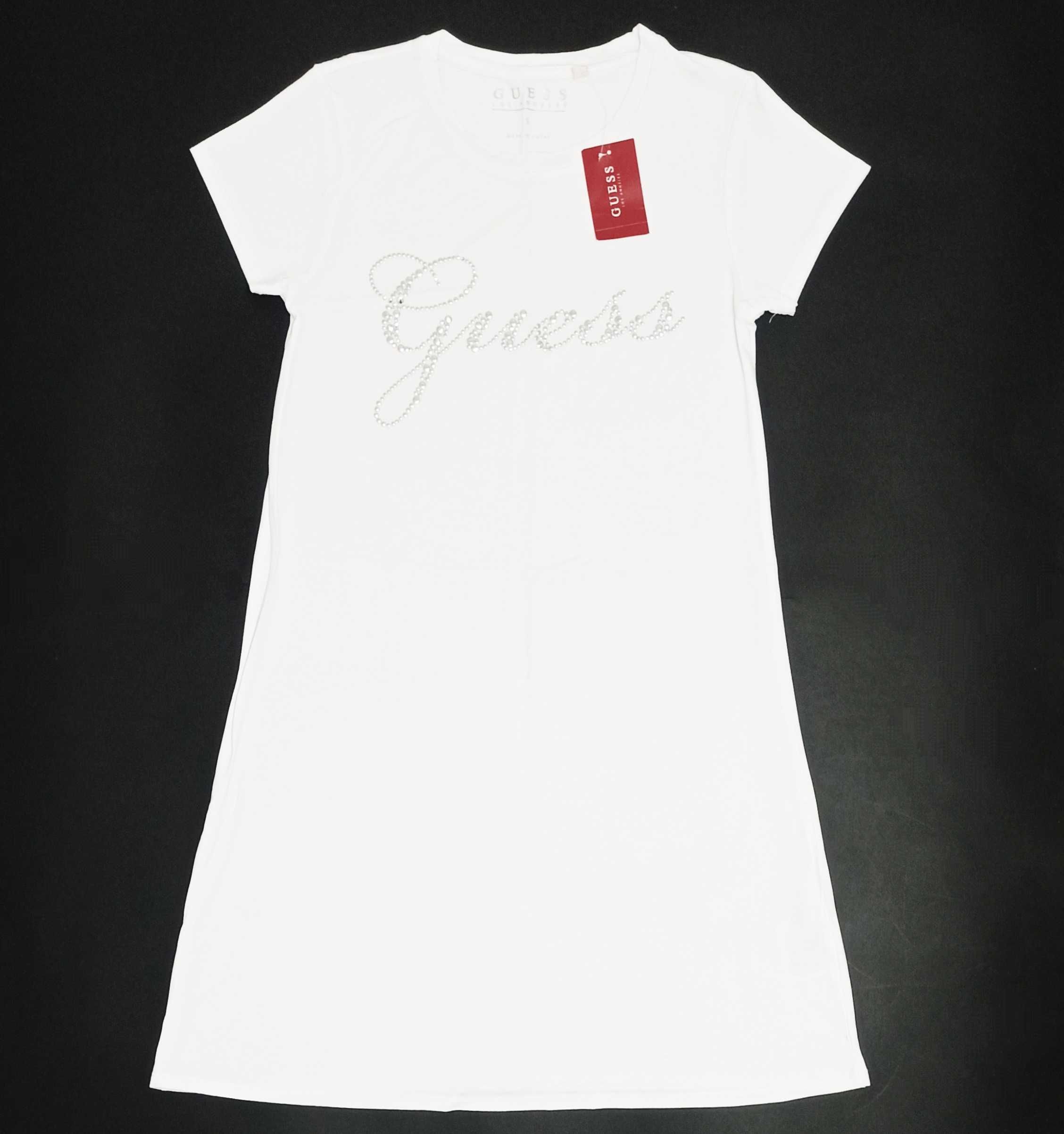 GUESS Sukienka Koszulka T-Shirt Biala Logo Srebrne Diamenciki Stretch