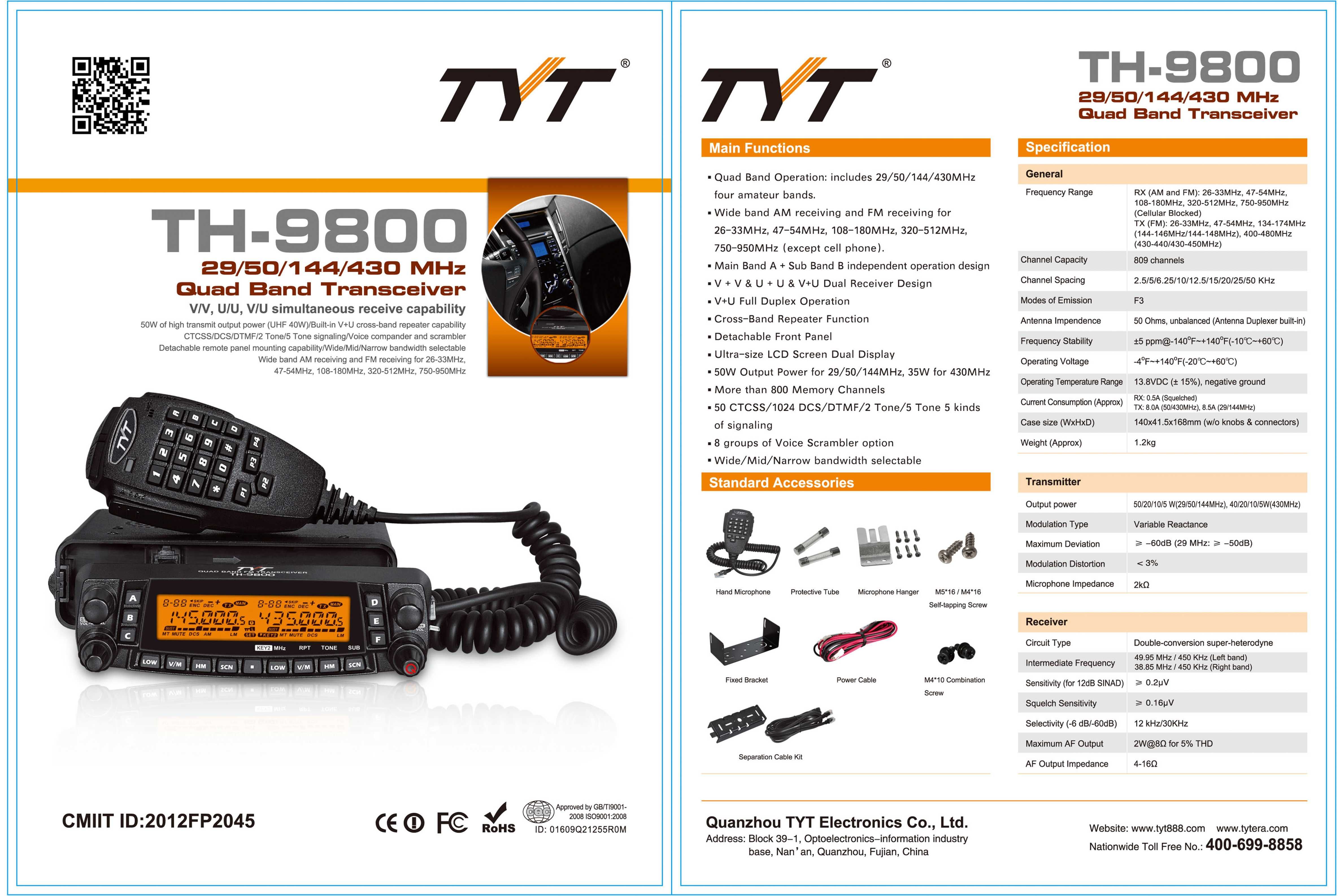 Rádio móvel Quad Band CB, VHF e UHF de 50wats