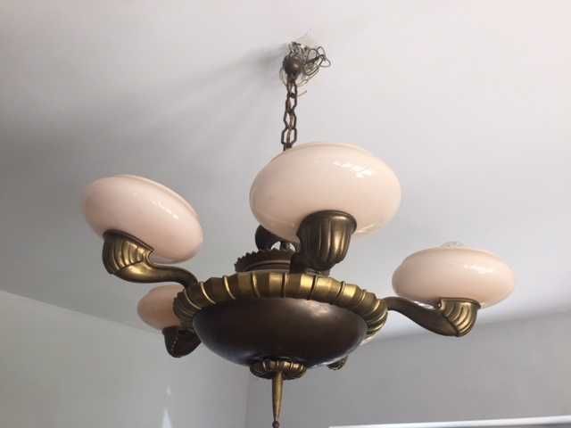 Stara lampa mosiężny żyrandol SECESJA 5-ramienny różowy klosz