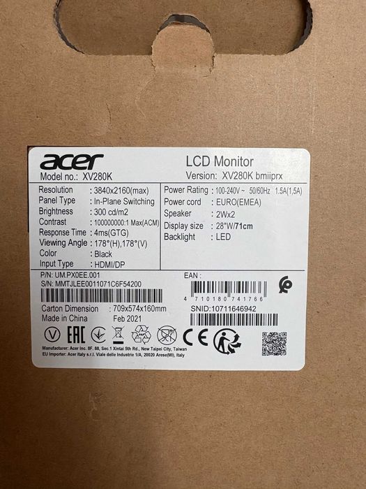 Monitor gamingowy ACER Nitro 28" Model. XV280K bmiiprx NOWY
