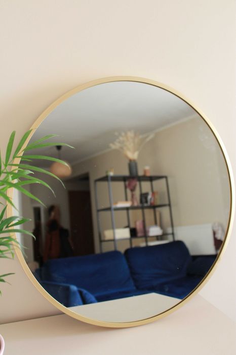 Lustro okrągłe złote w grubej ramie ścienne, do postawienia łazienka