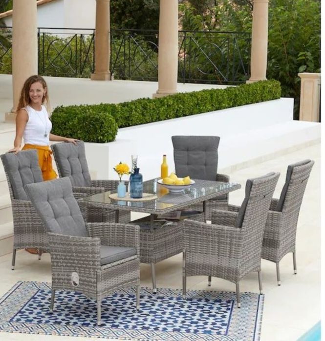 Meble ogrodowe BELLUNO stół + 6 krzeseł z poduszkami (2 rozkładane)