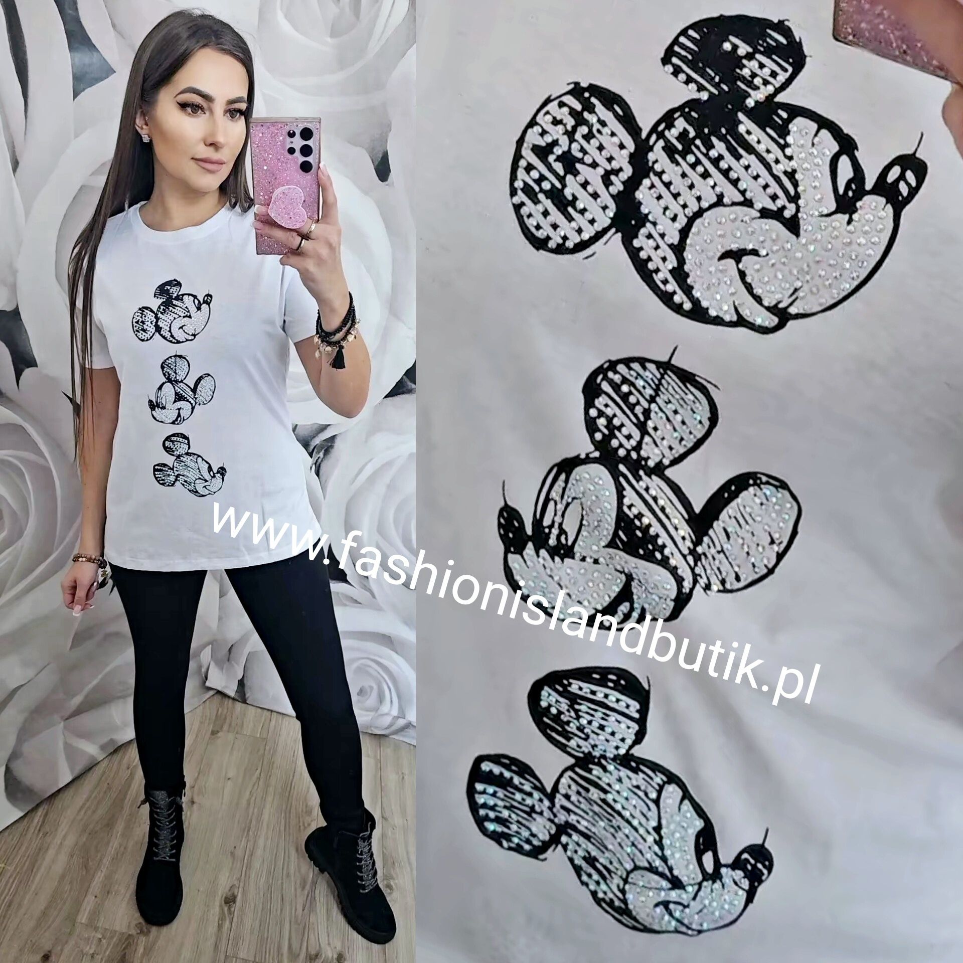 Biały T-shirt Mickey z kryształkami