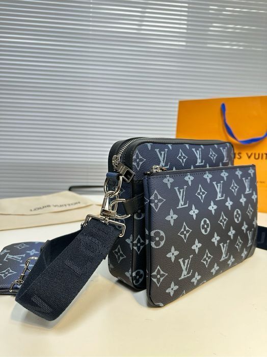 Louis Vuitton trio messenger сумка 3v1, 3в1 мужская синяя кожаная