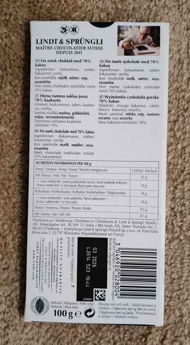 Czekolada gorzka LINDT EXCELLENCE 70% x 4