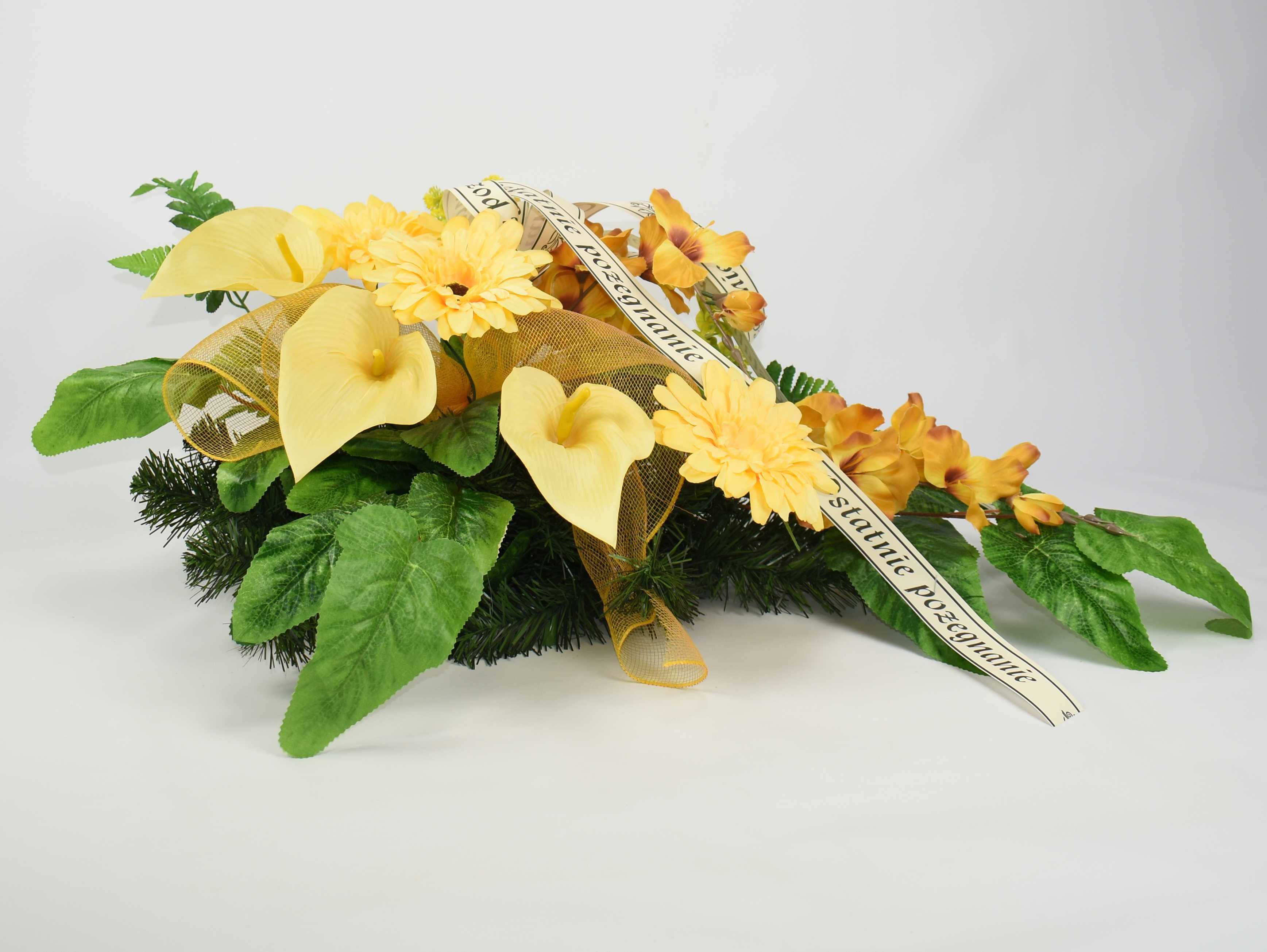 Piękna Wiązanka pogrzebowa Żółte sztuczne kwiaty Kompozycja nagrobna