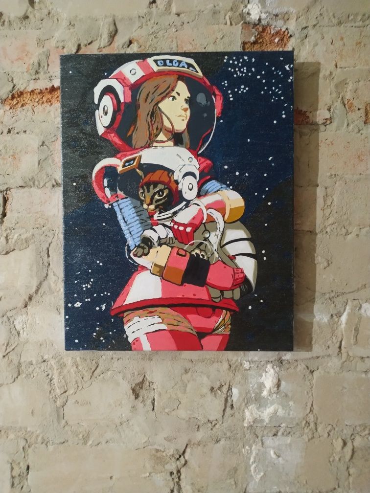 Картина акрил космос и девушка, кот и космос, 35*45 см, ручная работа