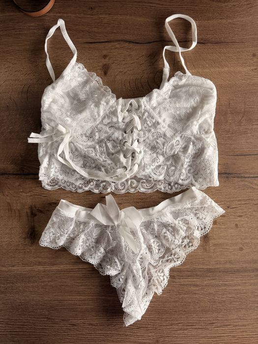 Koronkowy zestaw top i majtki spodenki komplet biały mega sexy r S