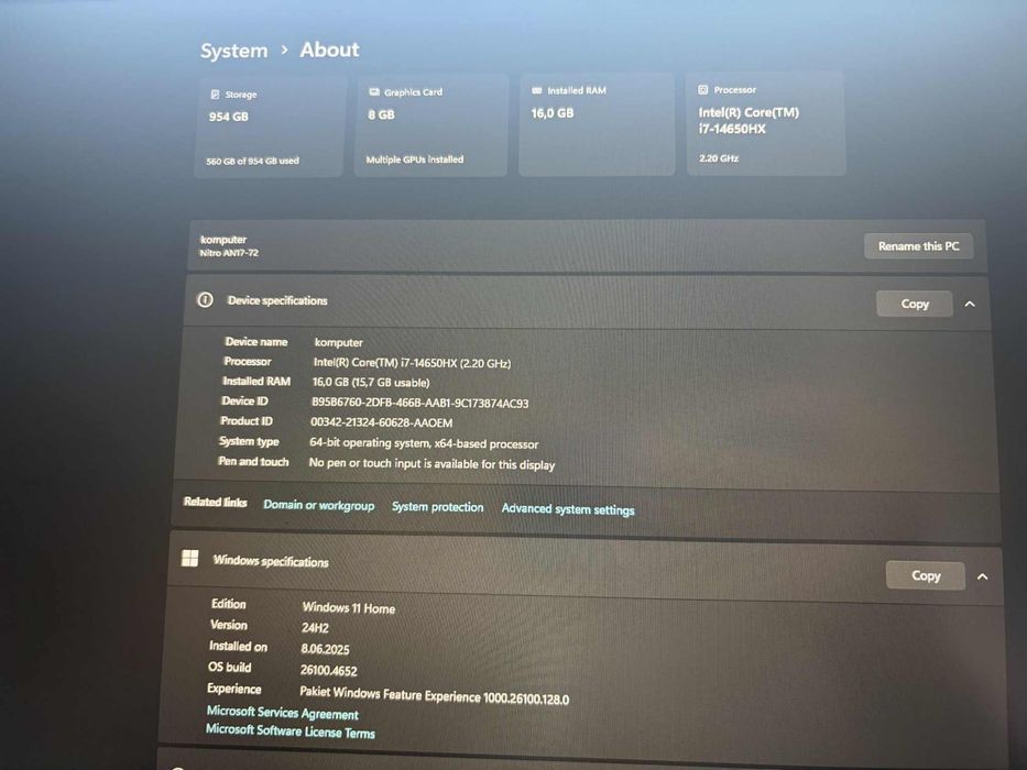 Acer Nitro 17 GAMINGOWY AN-72-734A; RTX4060; I7-14650HX