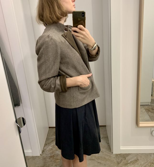 Vintage retro marynarka ramoneska bomberka S wełna pepitka jodełka