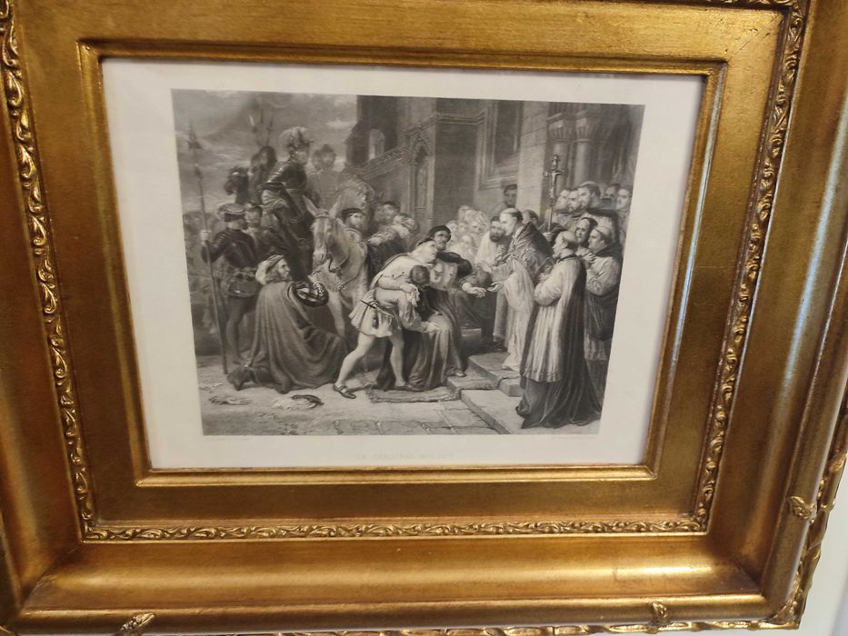 Quadro com moldura dourada e gravura preto e branco