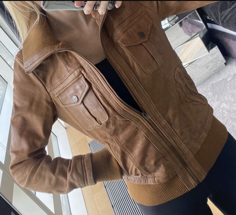 Kurtka jesienna brązowa, Skóra naturalna, pilotka, Stradivarius, XS