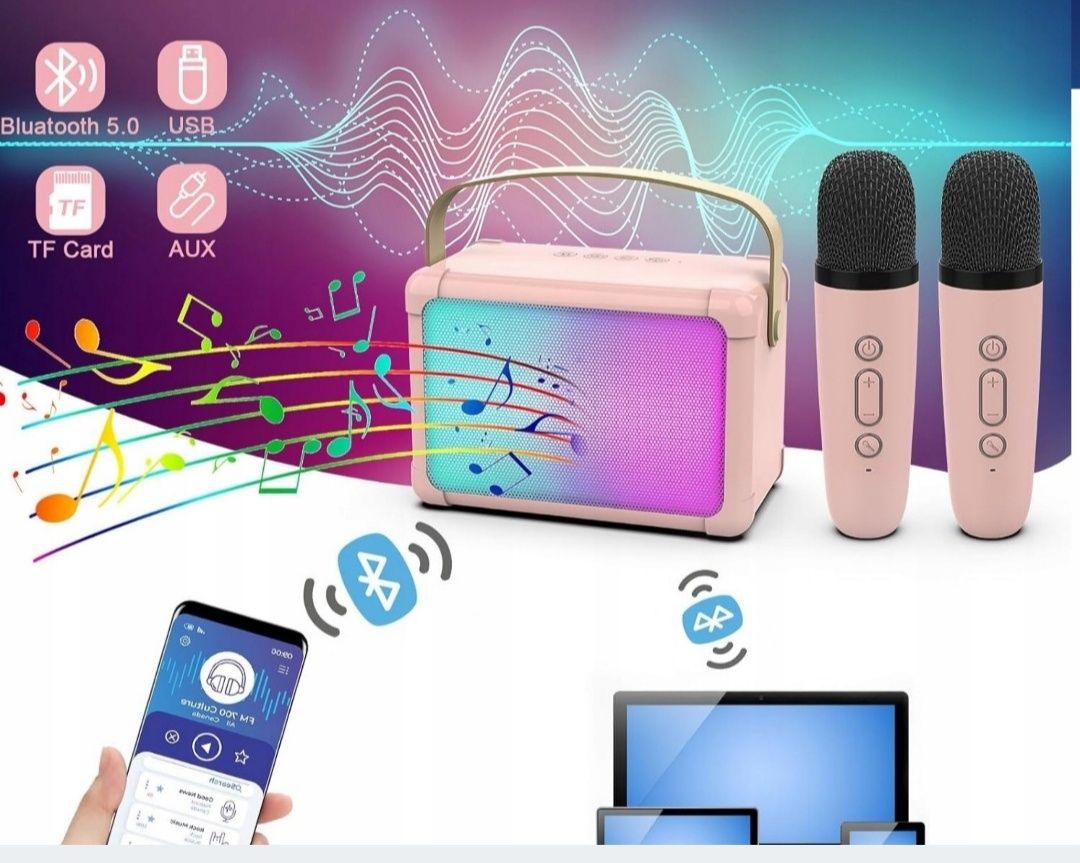 Głośnik bezprzewodowy przenośny 3w1 LED 2 mikrofony karaoke bluetooth
