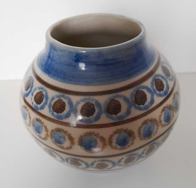 Stary ceramiczny WAZON 16 cm niebieski malowany unikat kolekcja prl 80