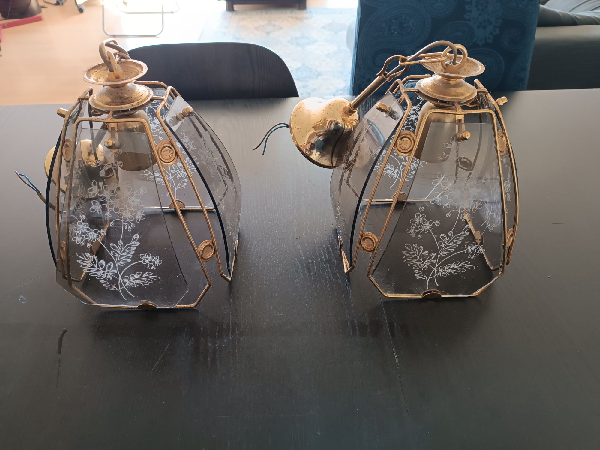 Par de Candeeiros vintage em vidro e dourado