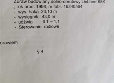 Wynajem Żurawia dolno obrotowego libherr 68k