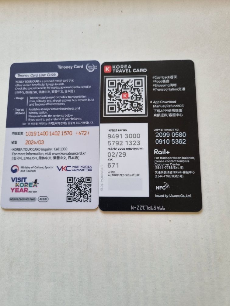 Turystyczne karty, Korea karty, 2 karty Tmoney, Korea Travel Card. 50