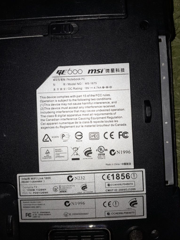 Ноутбук MSI MS-1675 под восстановление