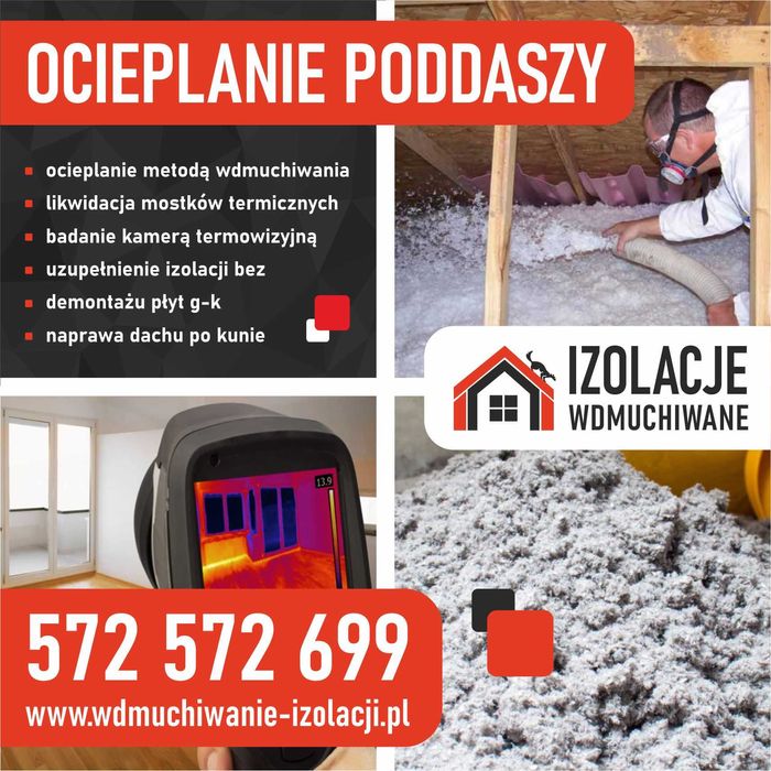 NAPRAWA UZUPEŁNIANIE izolacji poddasza CELULOZĄ ocieplanie stropów PUR