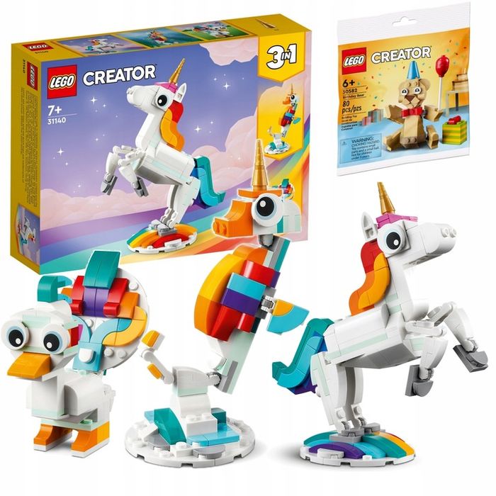 Lego Creator 3w1 Magiczny Jednorożec 31140 + Urodzinowy Niedźwiedź 305