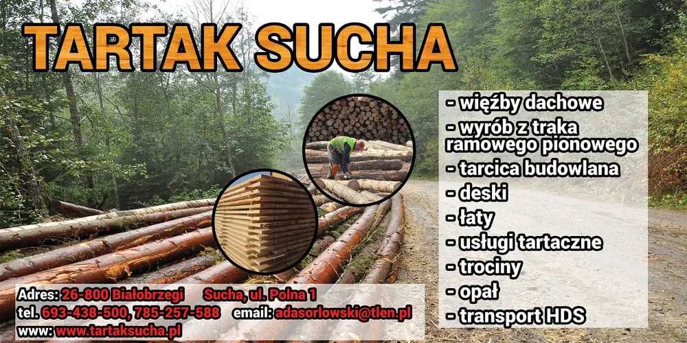 Tartak Sucha, skład więźba deski łaty trociny trans. impreg Hds