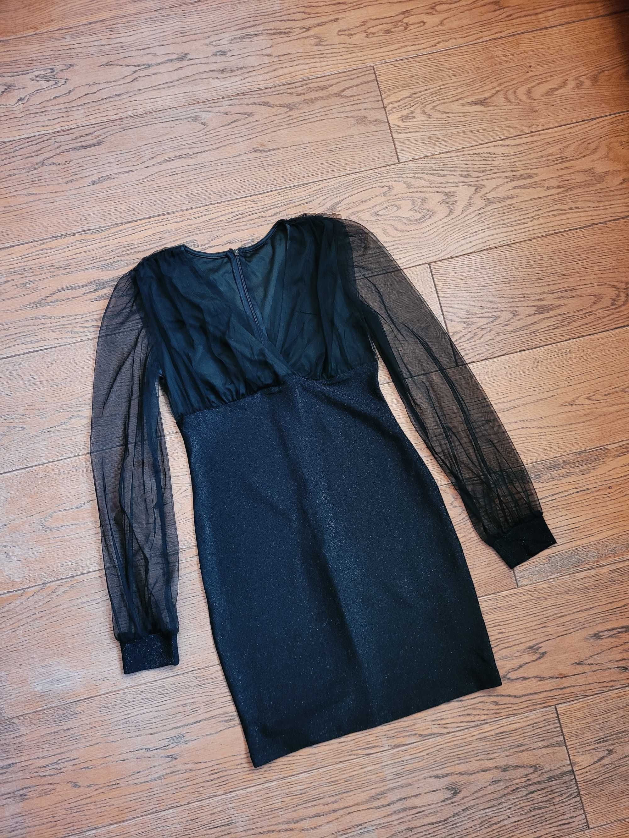 Czarna brokatowa dopasowana kopertowa sukienka tiulowe rękawy połysk