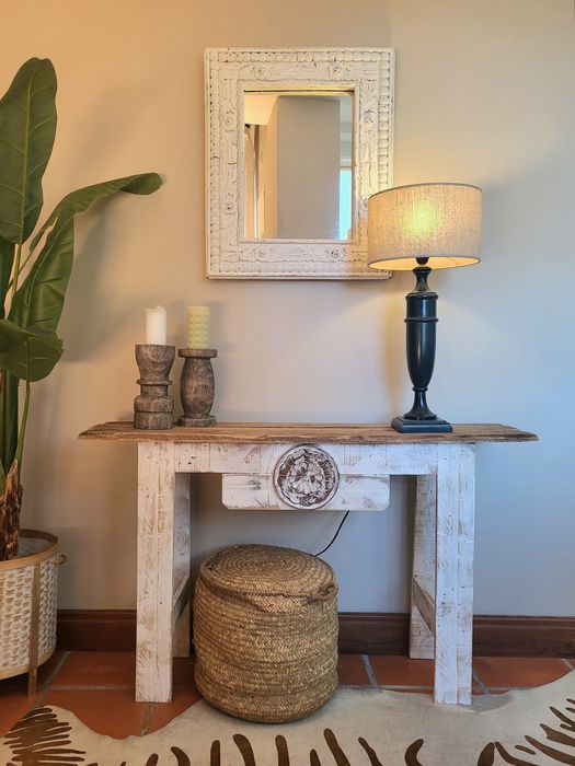 aparador, consola, mesa, decoração, espelho, rustico