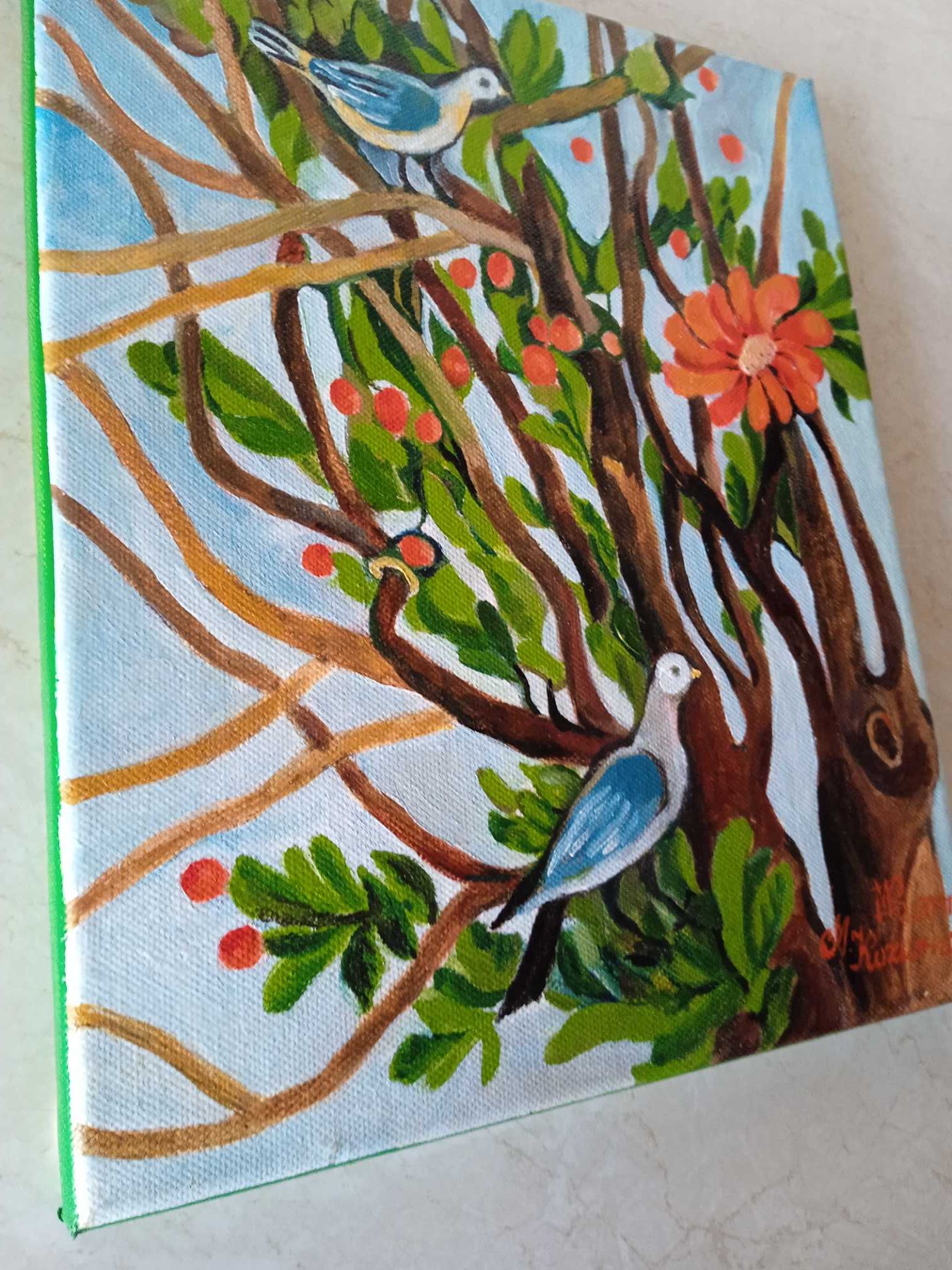 Ptaki i drzewa- obraz ręcznie malowany, unikatowy.