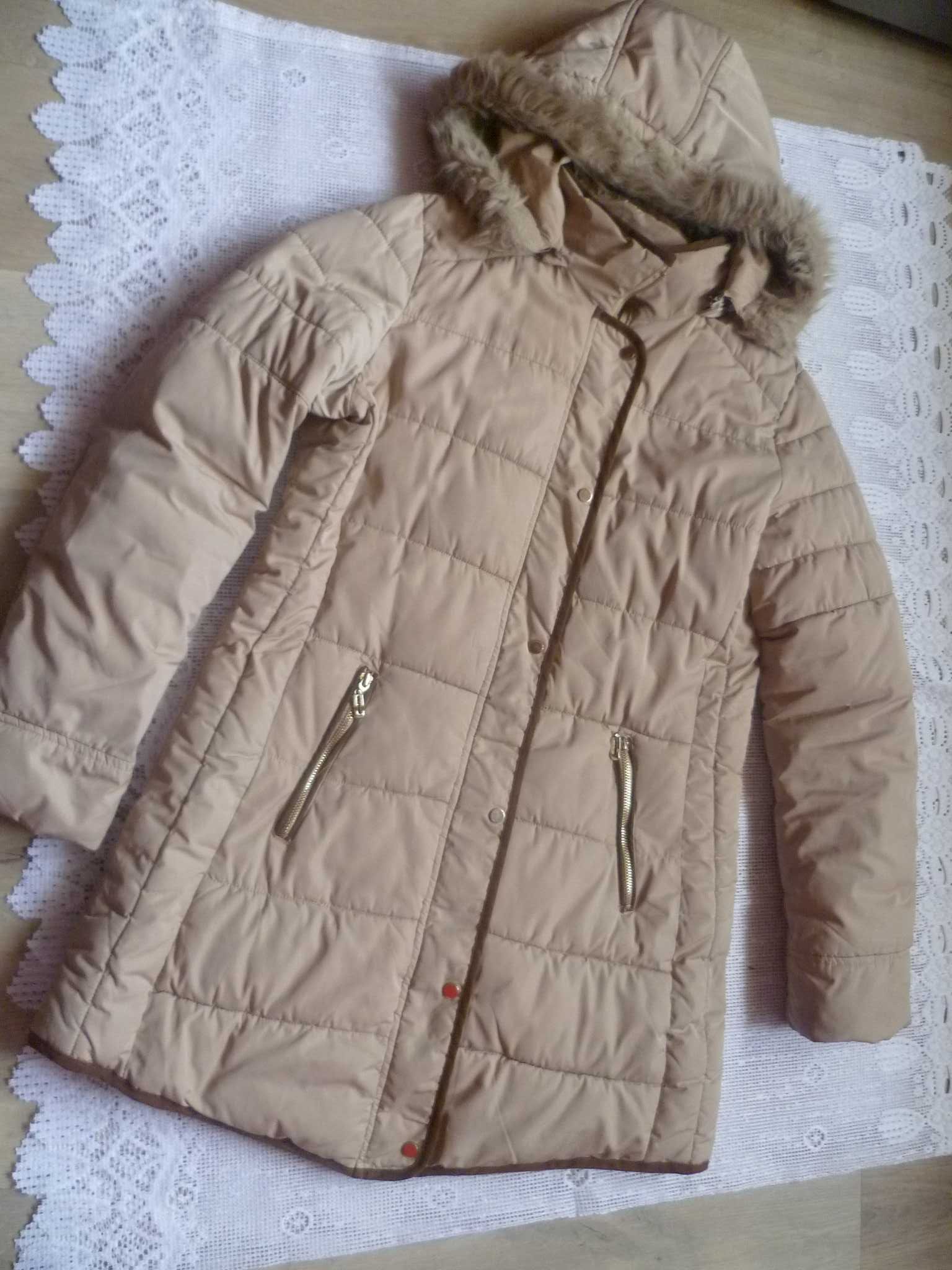 Kurtka zimowa parka beżowa pikowana z kapturem 40-42 L XL