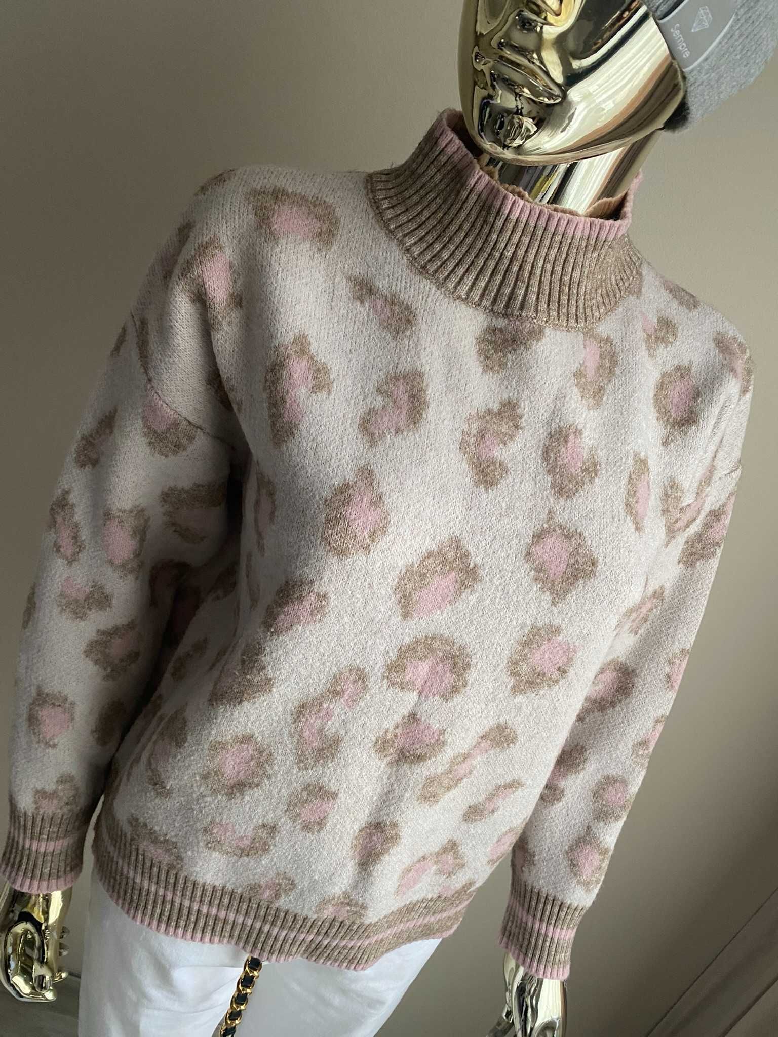 Exquiss's Paris nowy ciepły sweterek w cętki animal bezowe puder Uni