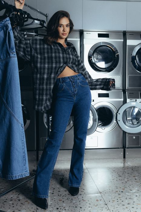 Джинси CHER17 з гудзиками та подвійними кишенями темно-сині, розмір М