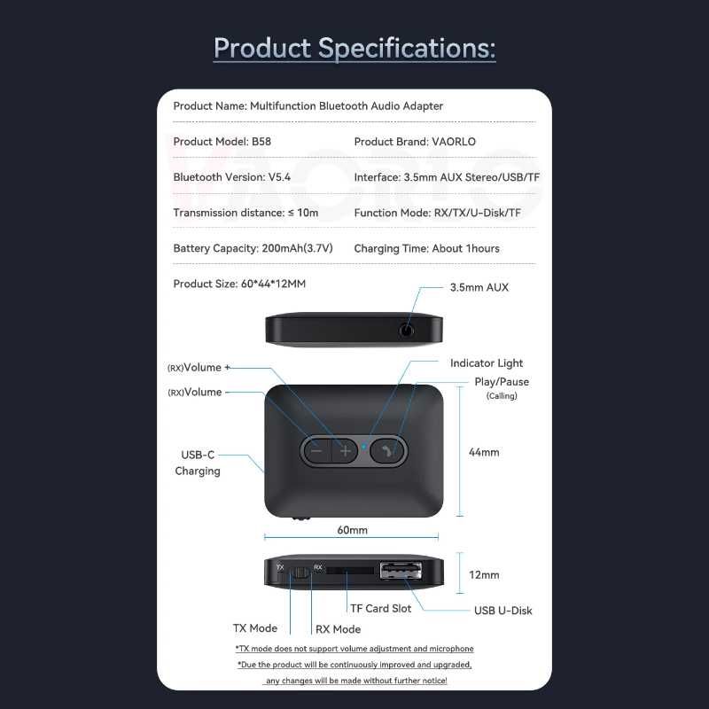 4in1 Odbiornik i Transmiter B58 Bluetooth 5.4 Audio Adapter RX/TX/MP3